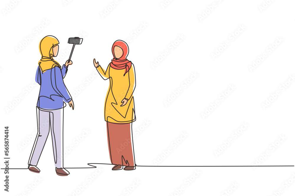 Poster continuous one line drawing professional shooting team record video interview for vlog with smartpho
