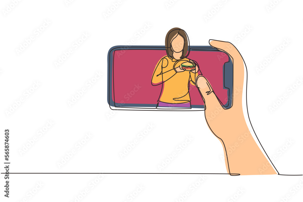 Aufkleber continuous one line drawing woman food blogger eating burger while creating new content video for he