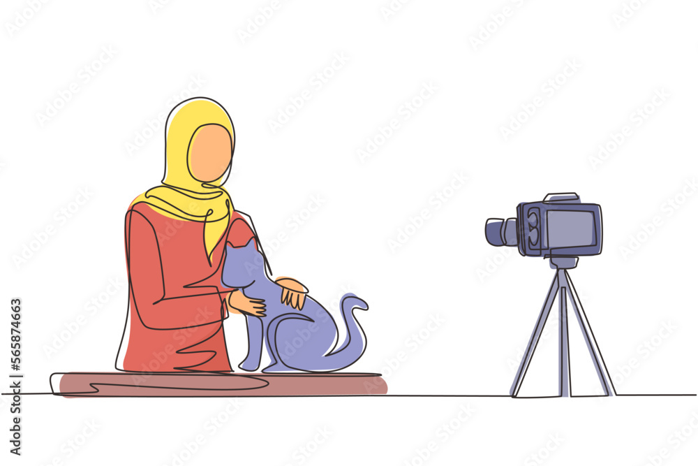 Poster single continuous line drawing arabian vet blogger sitting in front of camera with cats and recordin