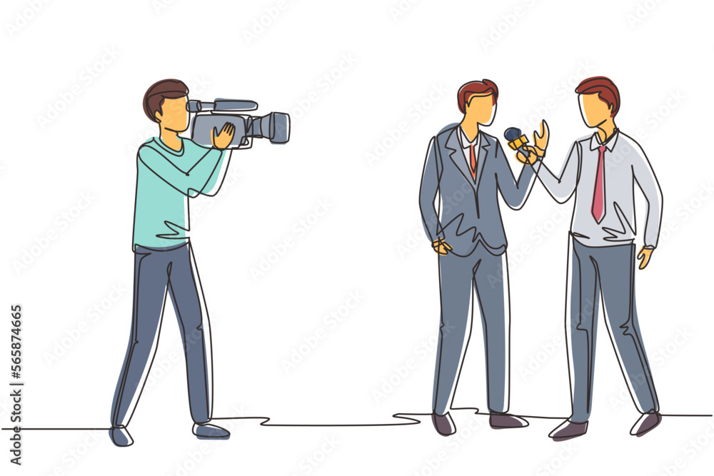 Poster single one line drawing journalists take interview. tv host or reporter and cameraman questioning ma