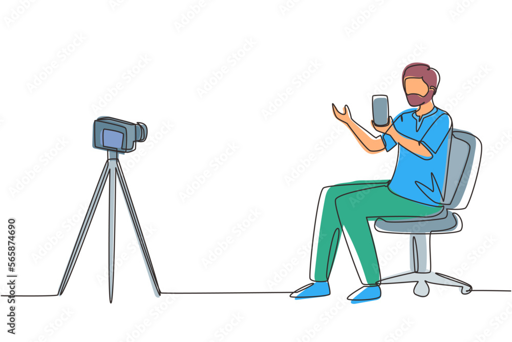 Poster continuous one line drawing arab blogger review new smartphone on dslr camera. live stream broadcast