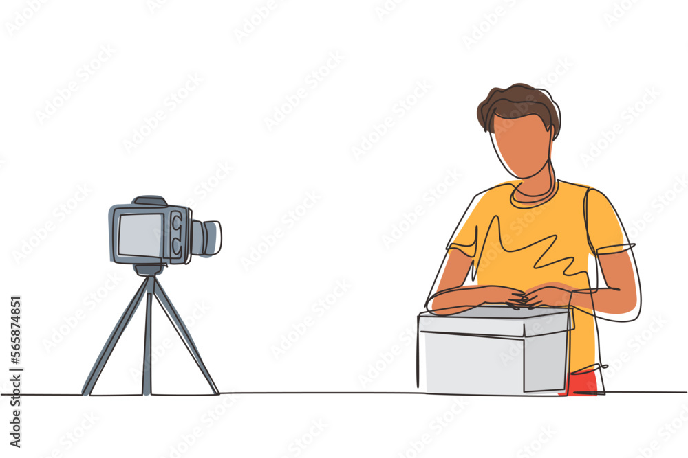 Poster single continuous line drawing male vlogger unbox and review product live on youtube in studio. soci