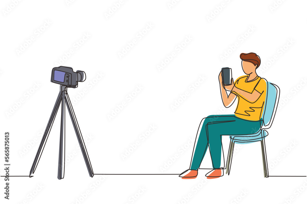 Poster single one line drawing blogger review and test new smartphone on dslr camera. live broadcast on cha
