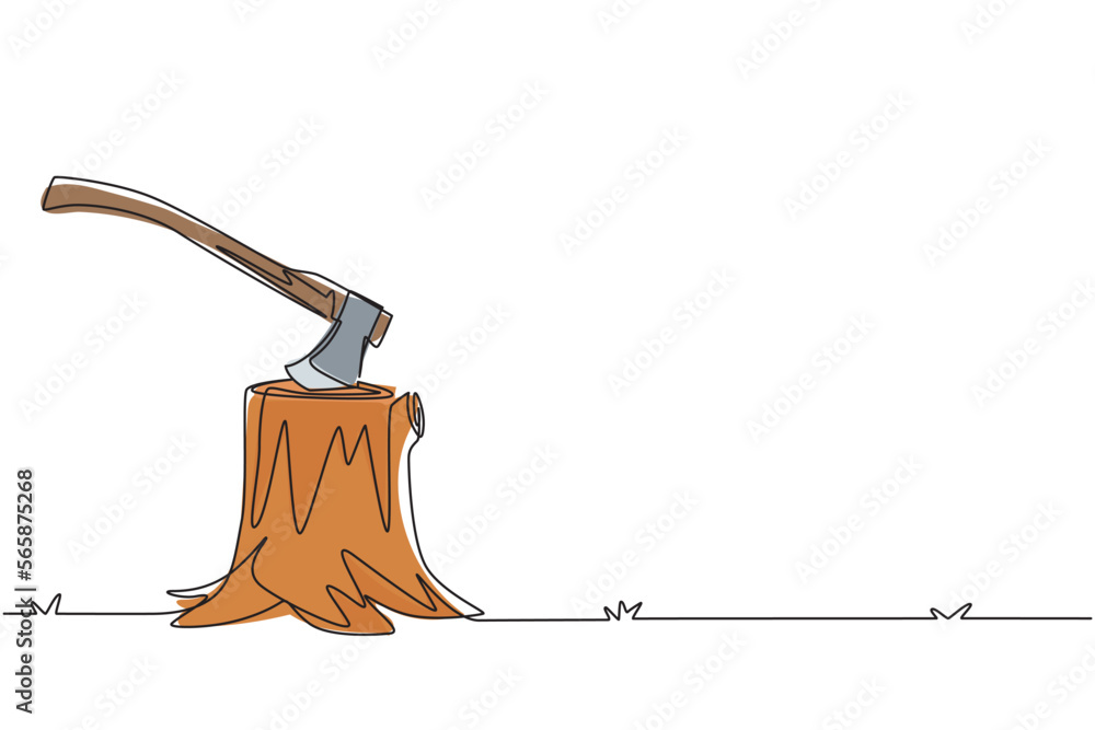 Poster single continuous line drawing hatchet in a tree stump. a tree stump with an axe stuck. forest, camp
