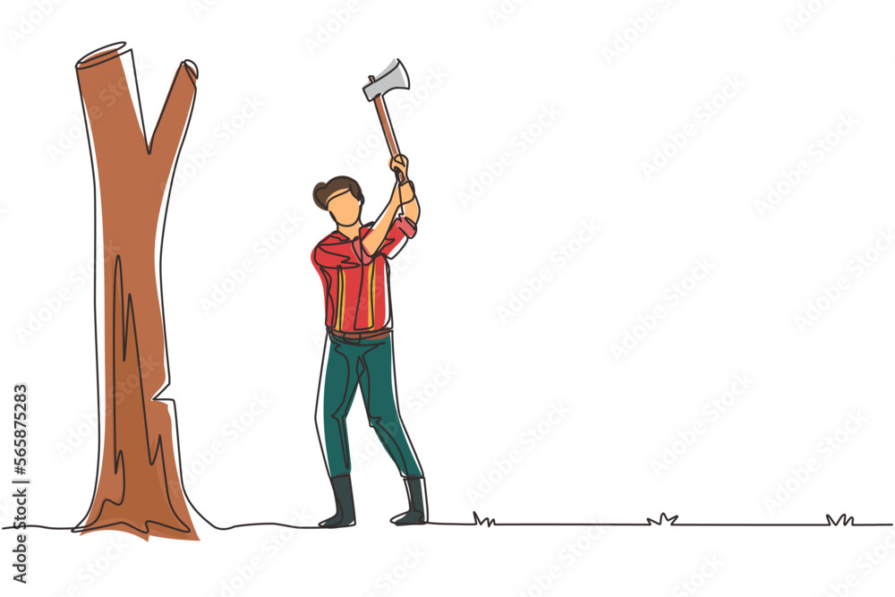 Poster single continuous line drawing lumberjack with an ax chopping wood. woodcutter chopping tree with ax