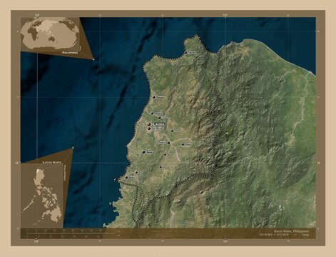 Ilocos Norte, Philippines. Low-res satellite. Labelled points of cities