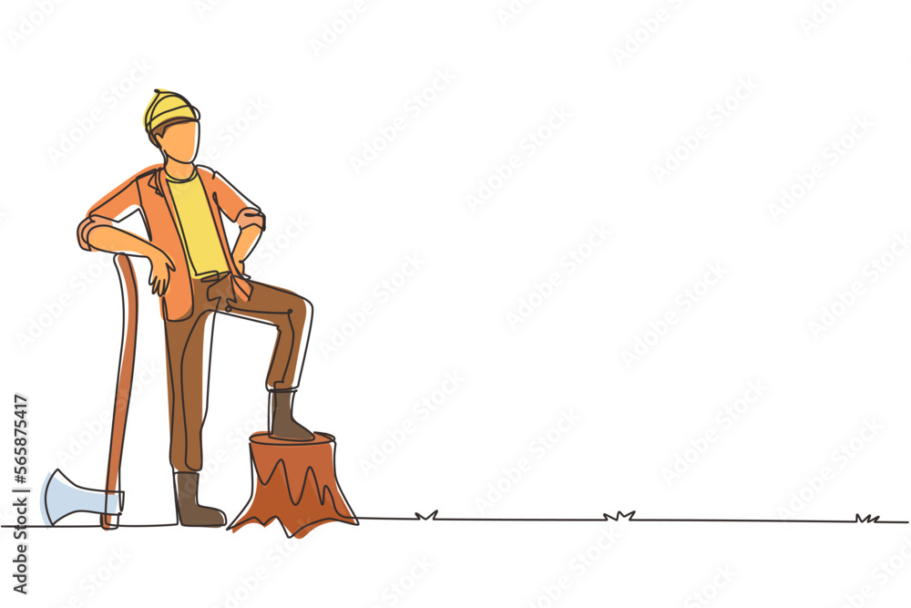 Poster single continuous line drawing smiling lumberjack wearing workwear and beanie hat, standing with axe