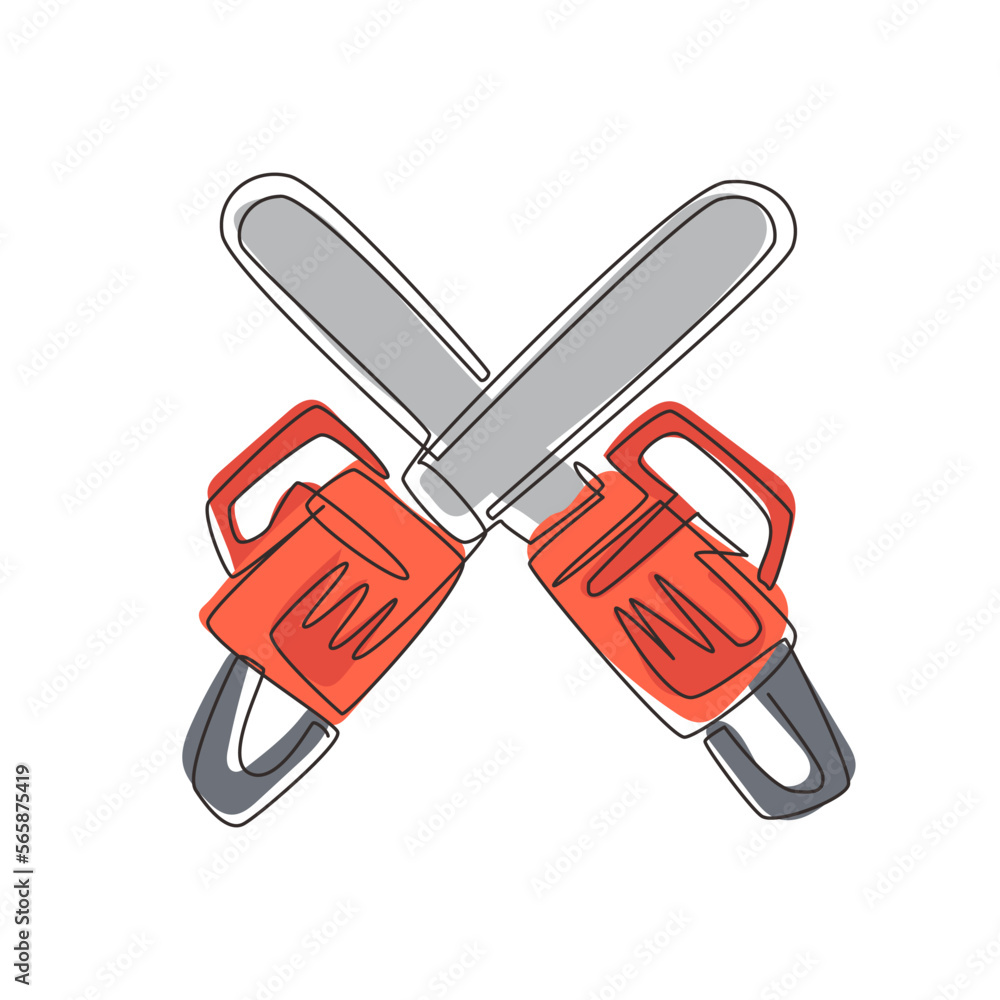 Poster continuous one line drawing crossed chainsaws isolated on white background. tool woodcutter symbol. 