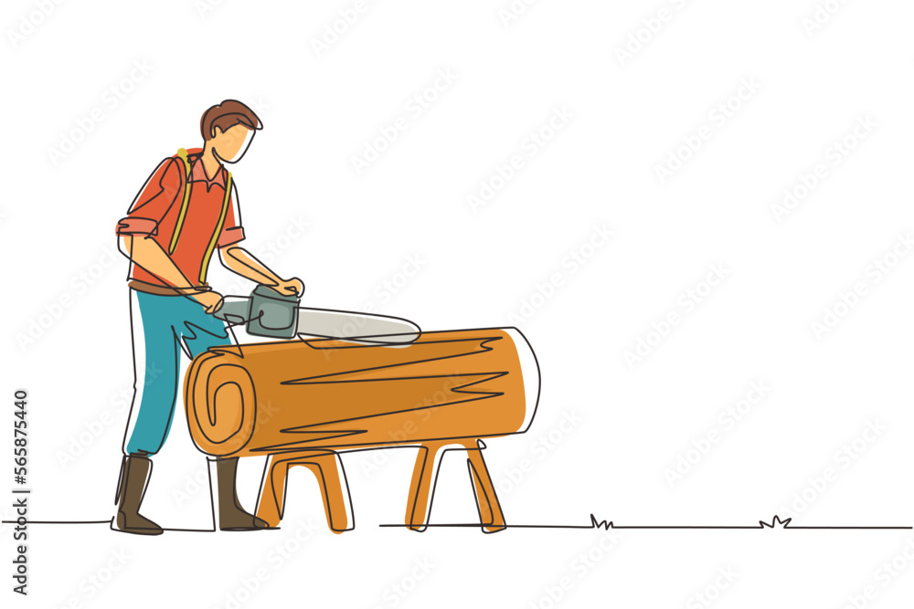Poster continuous one line drawing sawmill concept. professional lumberjack cutting tree by chainsaw for fu