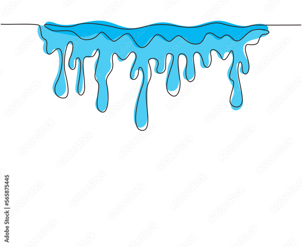Poster continuous one line drawing liquid drop. water blot, splashes, blobs. stain of paint flowing and dri
