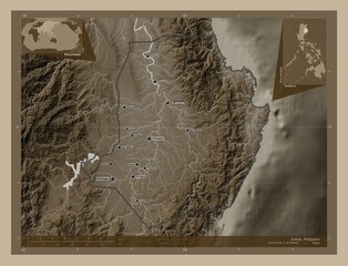 Isabela, Philippines. Sepia. Labelled points of cities