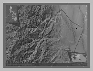 Kalinga, Philippines. Grayscale. Labelled points of cities