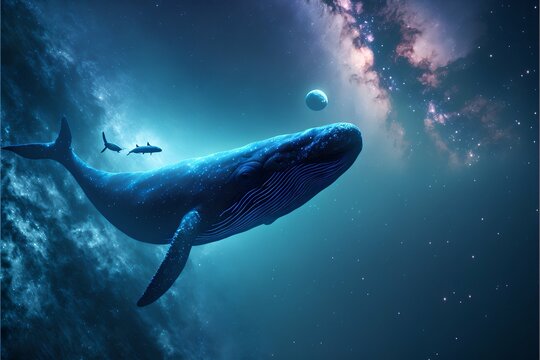 Whale in the sky, Abstract night fantasy landscape with an planet ,an unreal world, a fish, Reflection of moon light, water, depths of the sea. 3D. Ai generated image.