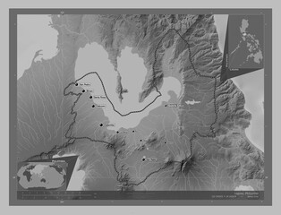 Laguna, Philippines. Grayscale. Labelled points of cities