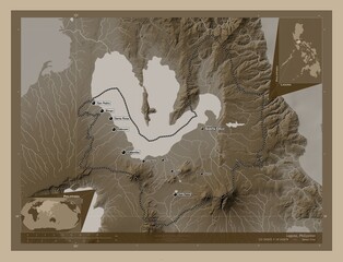 Laguna, Philippines. Sepia. Labelled points of cities