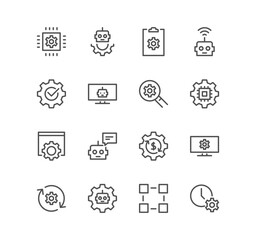 Set of robots related and robotic process automation icons, autopilot, chatbot, broken bot and linear variety vectors.