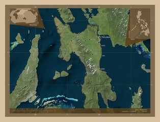 Leyte, Philippines. Low-res satellite. Labelled points of cities