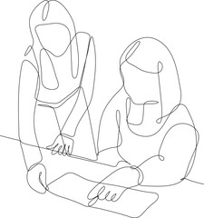 One continuous line drawing of two people discussing theory. Teamwork minimalist concept. Problem-solving business concept. Teamwork, vector graphic design illustration.