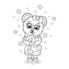 Coloring page. Little cartoon bear with a soft toy teddy bear