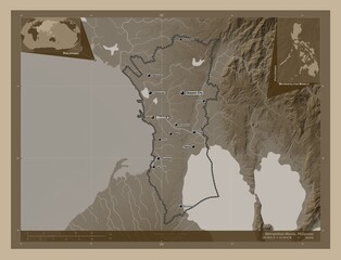 Metropolitan Manila, Philippines. Sepia. Labelled points of cities