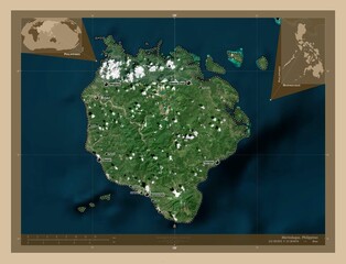 Marinduque, Philippines. Low-res satellite. Labelled points of cities