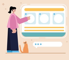 Mobile commerce concept with people scene in flat design.Woman choosing goods in assortment of internet shop and making online purchases in app.
