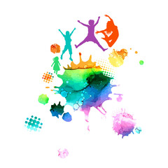 Happy Holi card with kid and blots. Spotted silhouette in iridescent tones on white background. Vector illustration