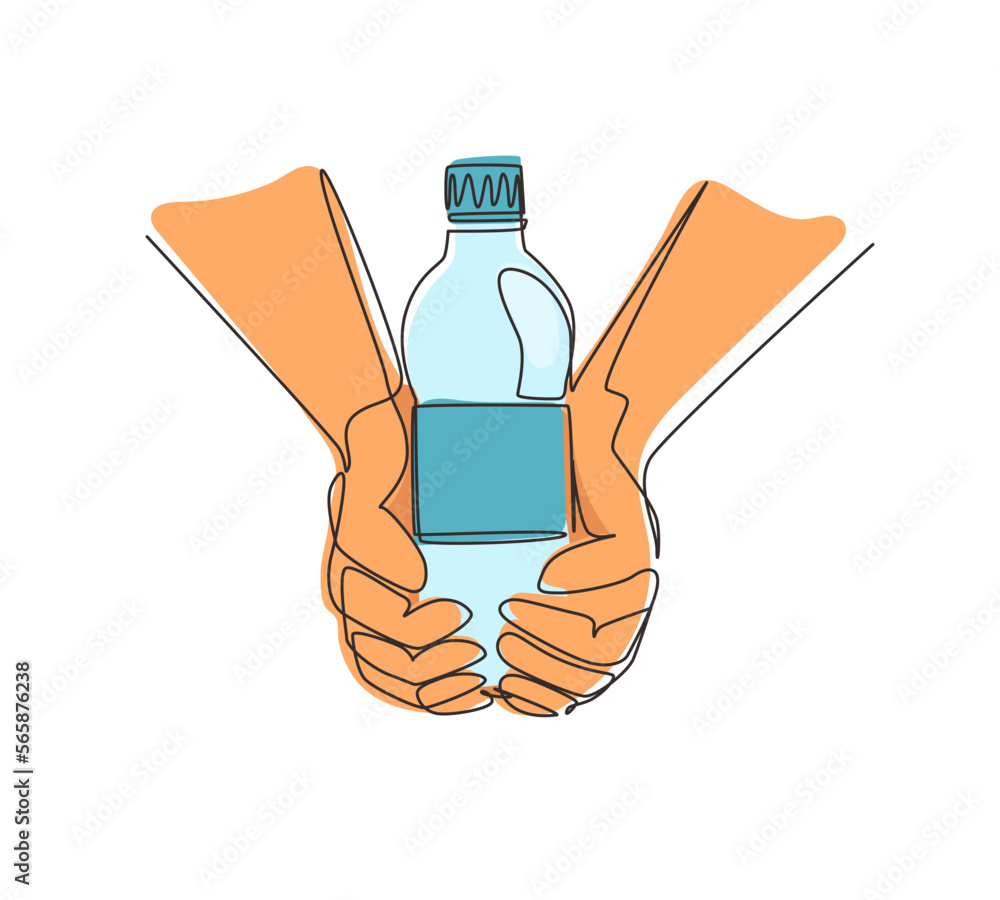 Poster single continuous line drawing hands holding plastic bottle of pure drinking water refreshing and sp
