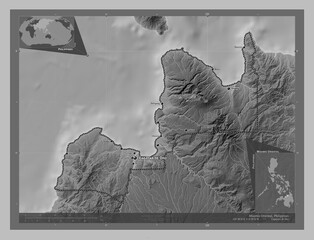 Misamis Oriental, Philippines. Grayscale. Labelled points of cities