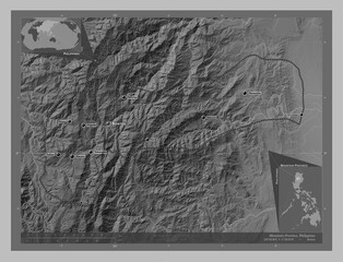 Mountain Province, Philippines. Grayscale. Labelled points of cities