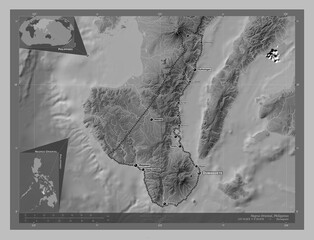 Negros Oriental, Philippines. Grayscale. Labelled points of cities