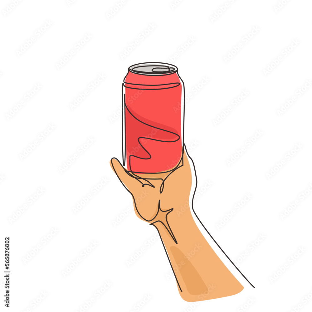 Poster single continuous line drawing hand holds a wet aluminum can. realistic soda cans without labels on 