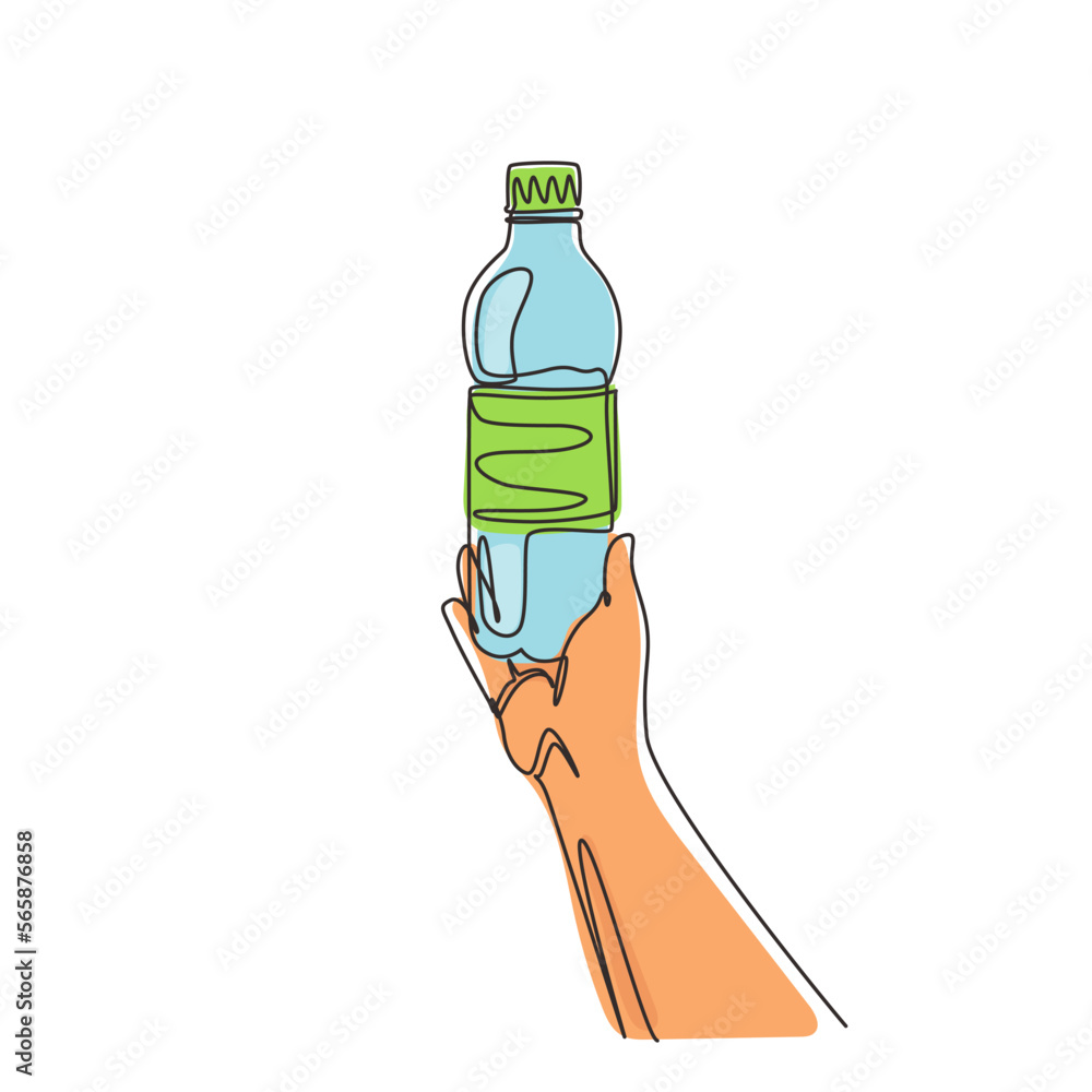 Poster single continuous line drawing man squeezes in his hand an empty plastic bottle on white background.