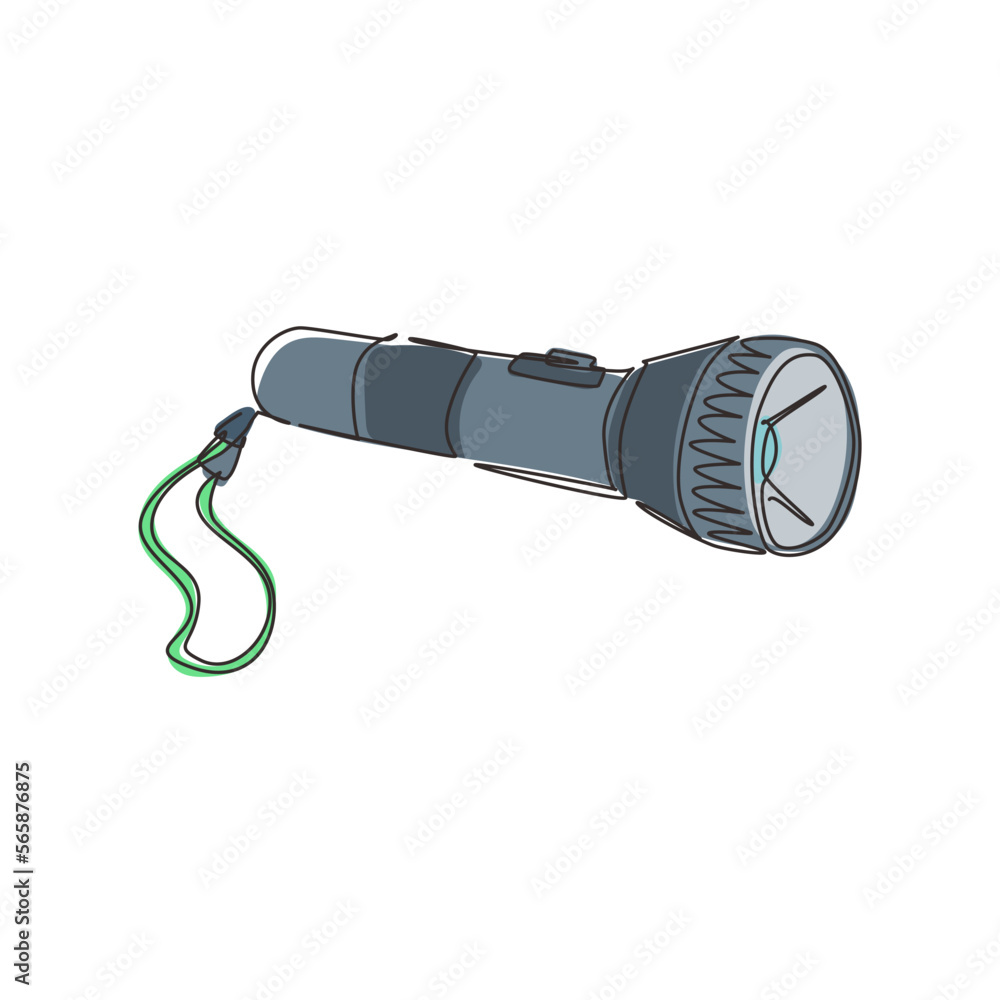 Poster single one line drawing pocket flashlight. light source for individual use. luminous flux, beam focu