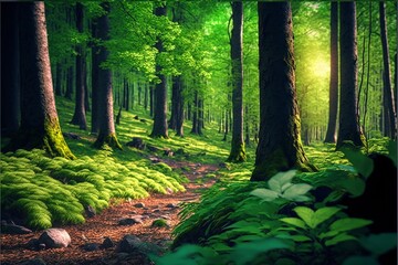 Obraz premium 森 ファンタジー 木漏れ日 アニメ 晴れ 神秘 妖精, generative ai