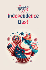 Tasty cupcakes and lolly-pops in blue, white and red colors of American flag. Greeting caption on white background, Happy Independence day! AI generative.
