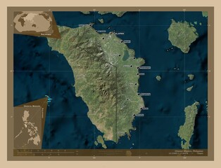 Oriental Mindoro, Philippines. Low-res satellite. Labelled points of cities