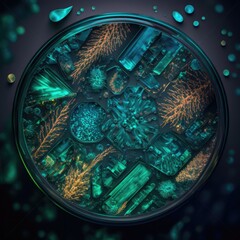 Imaginary mineral science. Petri dish with growing organic mineral crystals and organic feather-like patterns in emerald green microscope lights. AI generative.