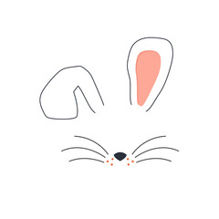 Cute bunny face vector illustration. Bunny. Ears and tiny muzzle with whiskers. Isolated on white background. Easter Day