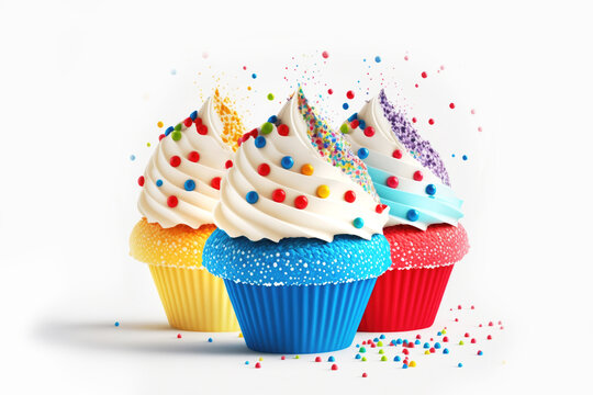 Tasty cupcakes in rainbow colors, vibrant blue, yellow, red paper cups. AI generative illustration on white background.