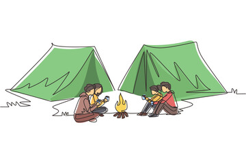 Continuous one line drawing two couple camping around campfire tents. Group of man woman sitting on ground and drinking hot tea getting warm near bonfire. Single line draw design vector illustration