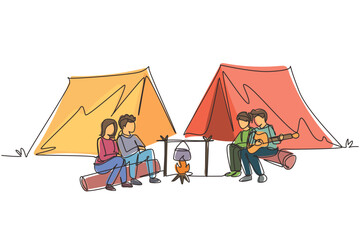 Single one line drawing two pair man woman hikers sitting on log cooking water in boiling pot. Guy playing guitar and sing with friends at campfire near camp tent. Continuous line draw design vector