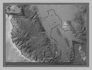 Sultan Kudarat, Philippines. Grayscale. Labelled points of cities