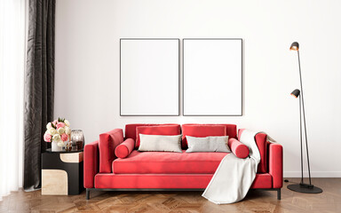 Mock up poster frame in modern interior background, contemporary style, living room, 3D render, 3D illustration