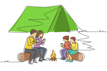 Fototapeta premium Single continuous line drawing happy family camping with campfire at night. Drinking tea sitting on logs in forest. Father, mother and children hiking concept. One line draw design vector illustration