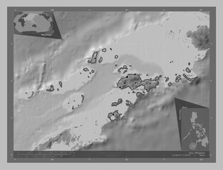 Sulu, Philippines. Grayscale. Labelled points of cities