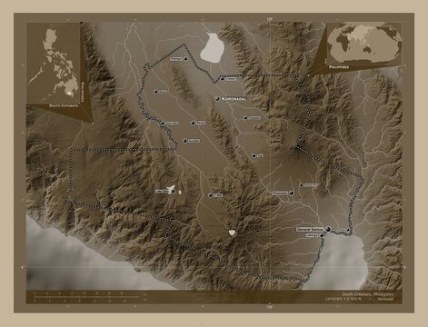 South Cotabato, Philippines. Sepia. Labelled points of cities