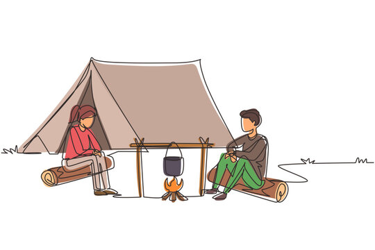 camping couple sitting near tent and campfire clip art preview