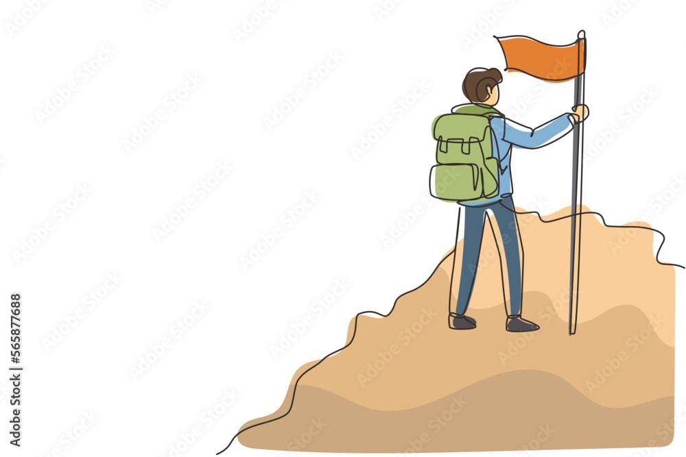 Poster single continuous line drawing cheerful man climber standing on the top of mountain with flag. young