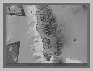 Zambales, Philippines. Grayscale. Labelled points of cities